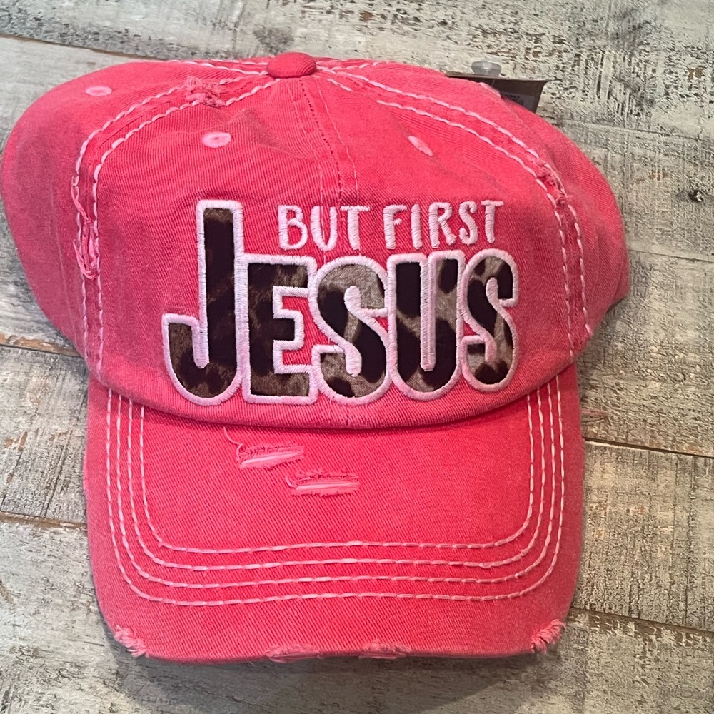 Pink Distressed Cap - 'But First Jesus'